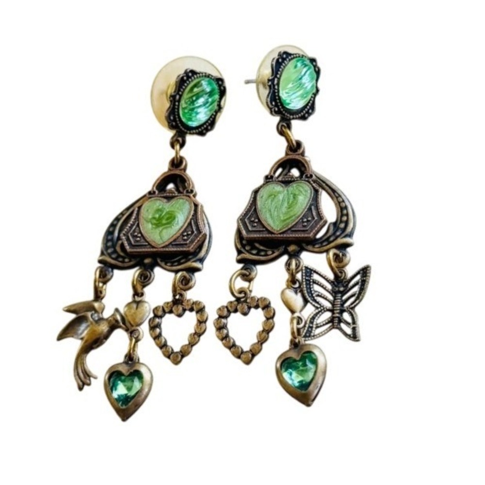 VTG Glass Works Studio‎ Charm Earrings Crystal Enamel Heart Bird Victorian Style